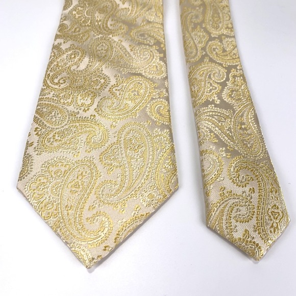 Paul Fredrick Mens Tie Gold on Ivory Large Paisley Design 100% Silk Neckwear - Picture 3 of 6
